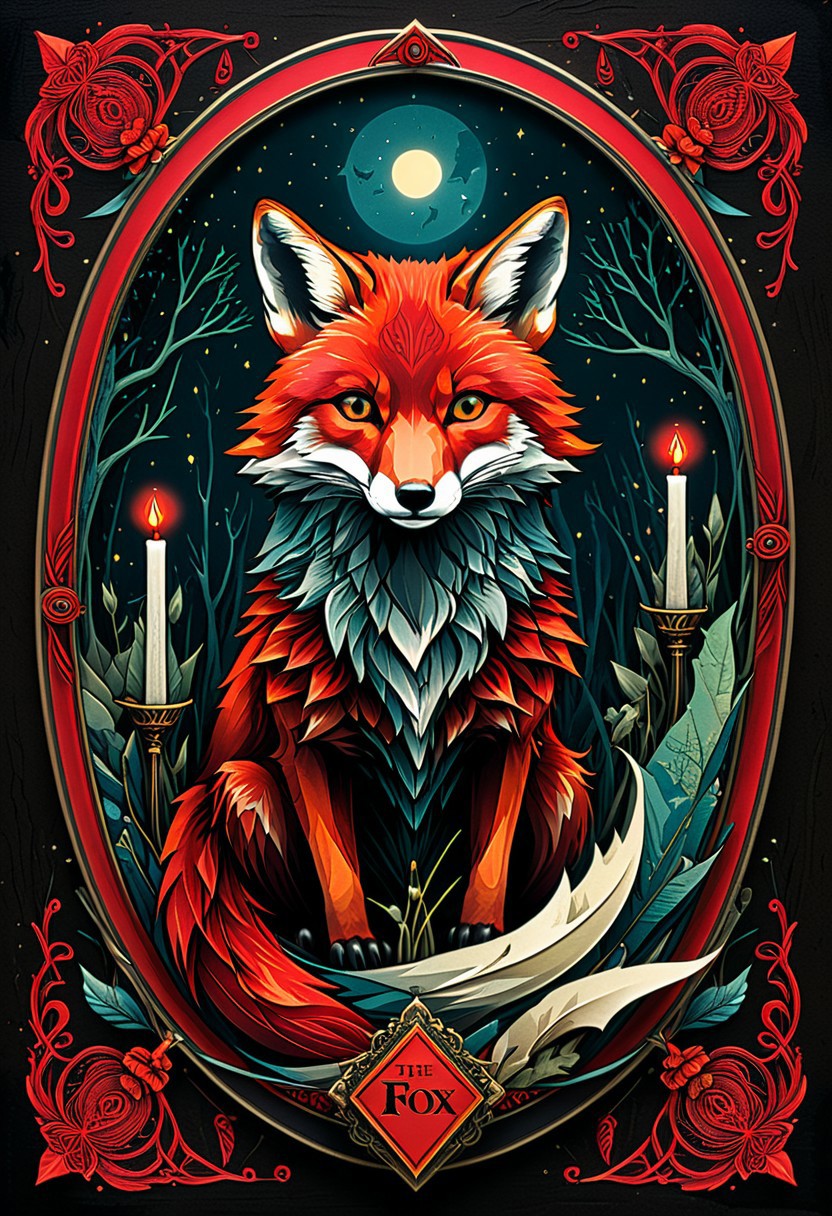 pen and ink, liquid ink, best quality, double exposure, vintage triadic red colors, "THE FOX" tarot card, eerie and detailed image, Craola, Dan Mumford, Andy Kehoe, 2d, plan, vintage, art in cracked paper, patchwork, detailed storybook illustration, cinematic, ultra highly detailed, mystical, luminism, vibrant colors, complex background<lora:xl_more_art-full_v1:0.5>