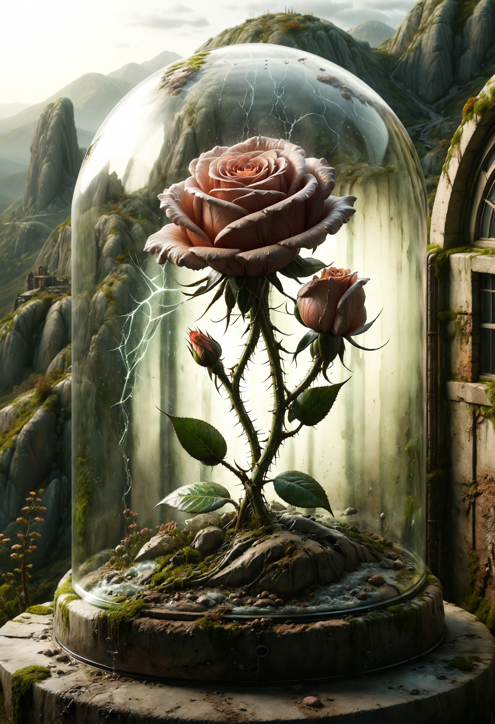 award winning transparent glass rose, glass dome, ectoplasmic atmosphere enclosure, ethereal, volumetric lighting, cosmic horror, thorny ensemble, gloomy sunset with delicate rays over the hills
<lora:dvr-swr:1> dvr-swr
