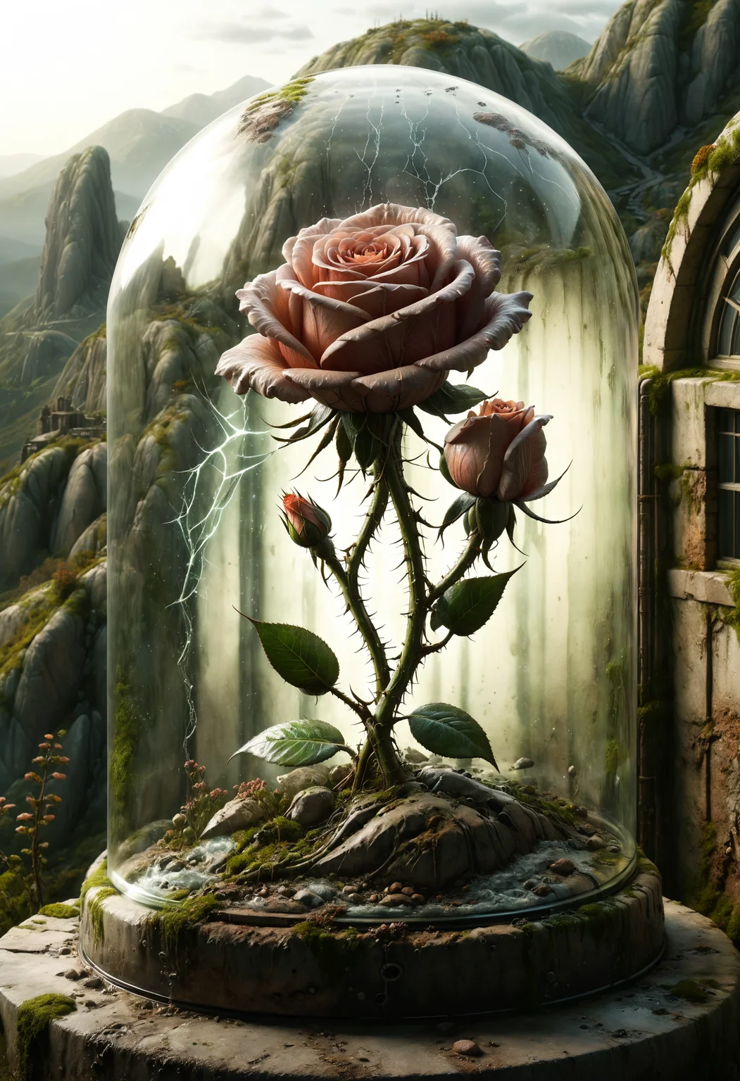 award winning transparent glass rose, glass dome, ectoplasmic atmosphere enclosure, ethereal, volumetric lighting, cosmic horror, thorny ensemble, gloomy sunset with delicate rays over the hills
<lora:dvr-swr:1> dvr-swr