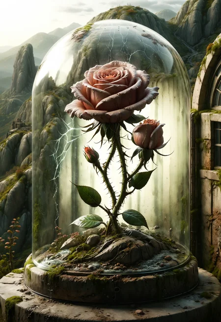 award winning transparent glass rose, glass dome, ectoplasmic atmosphere enclosure, ethereal, volumetric lighting, cosmic horror, thorny ensemble, gloomy sunset with delicate rays over the hills
<lora:dvr-swr:1> dvr-swr