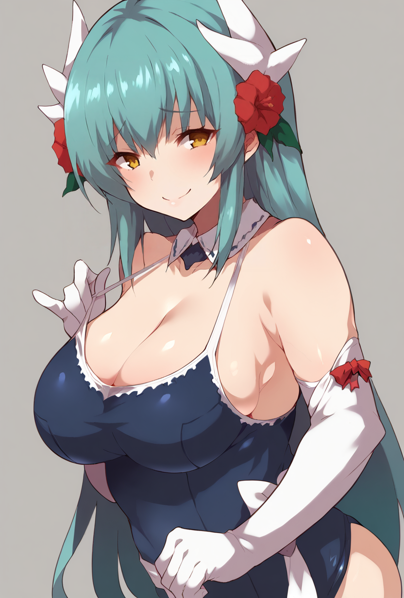 score_9,score_7_up,  <lora:kiyohime_(lancer)_XL_1:1>1girl,  bbkiyo, long hair, aqua hair, white horns, hair flower, red hair flower, yellow eyes, detached collar, cleavage, school swimsuit, blue one-piece swimsuit, elbow gloves, white gloves, white sash, blush, smile,   big breasts, <lora:konno_tohiro-Style-PonyXL-GLoRA-000041:1>