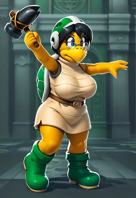 Score_10, score_9, score_8, full body, solo, 1girl, mature female, curvy, large breasts, shyteru,black hair,blue eyes,glasses, hammerbro, helmet, boots, green footwear, holding, hammer, weapon
