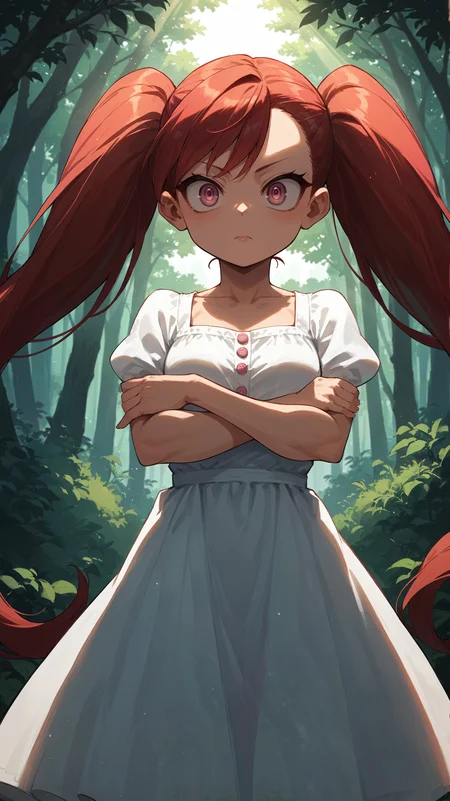 score_9,score_8_up,score_7_up,score_6_up, <lora:xl_more_art-full_v1:0.5>, source_anime, girl, dynamic pose, crossed arms, <lora:Manami Aiba (La Brava) - Pony-000004:0.8>, red hair, long twintails, pink eyes, large eyes, white sundress, forest, light rays,