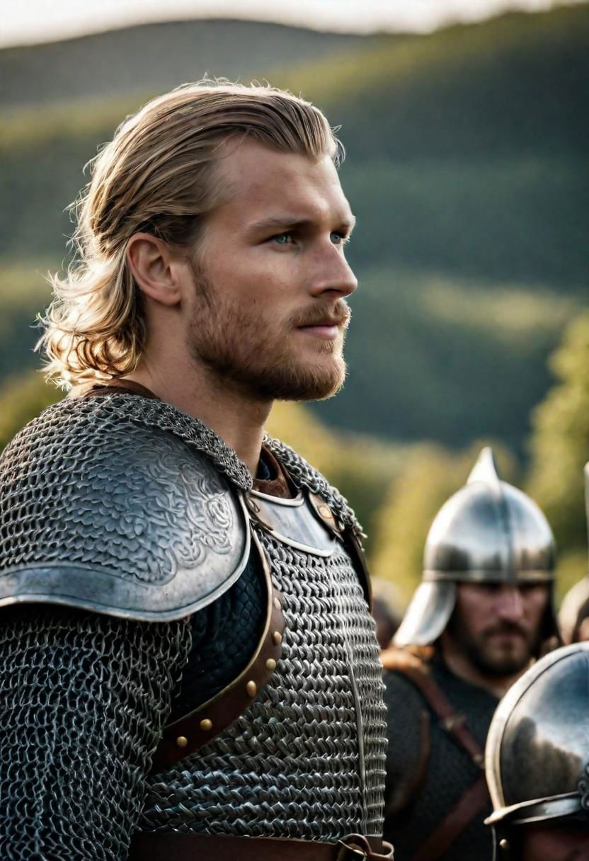 23 years old
cinematic film still young Harald Eirikssn shallow depth of field, vignette, highly detailed, , strong, firm Viking warlord, huscal, sword, war, combat, chain mail, sunburst, heavenly leading his troops into battle,