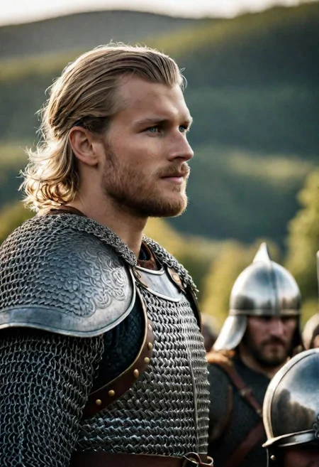 23 years old
cinematic film still young Harald Eirikssn shallow depth of field, vignette, highly detailed, , strong, firm Viking warlord, huscal, sword, war, combat, chain mail, sunburst, heavenly leading his troops into battle,