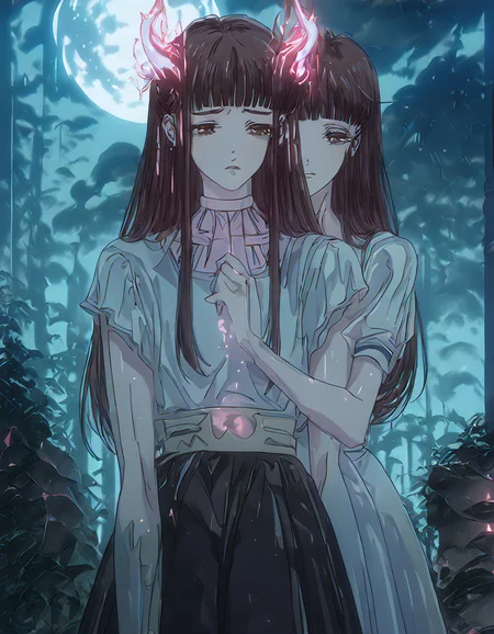 nsfw, highres, best quality, masterpiece, sad,1girl,Night has fallen,casting a dim and tranquil light. Two figures are side - by - side along a pathway. One person affectionately has their arm around the other,suggesting a close bond and companionship. The surrounding trees stand silently,creating a natural enclosure. In the distance,streetlights glow faintly,adding a touch of warmth to the nocturnal scene. Other people can be vaguely seen,further emphasizing the peaceful and ordinary yet endearing nature of this moment.,dress,Medium length skirt,in summer,moon,1boy,The back of the person,back,watercolor \(medium\),, g0thic, neon,, Vintage, 1990s \\(style\\), ArsMJStyle, Colored pencil hyperdetailed realism, Tohru, Long blonde hair, Red eyes, Large bust, Dragon horns, Long tail, Maid uniform, Fair skin, Thick eyebrows, Heart-shaped hairpin, 1girl, brown hair, long hair, brown eyes, blunt bangs | see the description for outfit keywords!