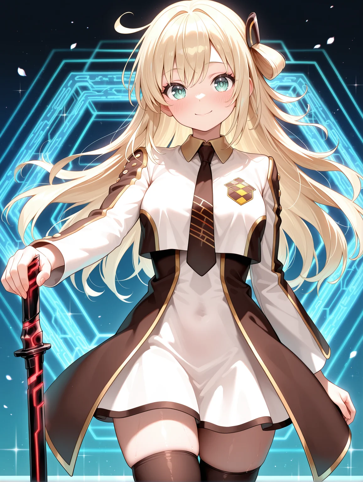 sky striker ace - raye, ordinary uniform, 1girl, black katana, solo, hand on hilt, smile, looking at viewer, blush, blue honeycomb \(pattern\), brown hair ornament, white cropped jacket, brown waist cape, white collared dress, brown thighhighs, brown necktie,
masterpiece,best quality,amazing quality,very aesthetic,absurdres,newest,<lora:Sky striker ace - Raye illusXL v1:0.75>,