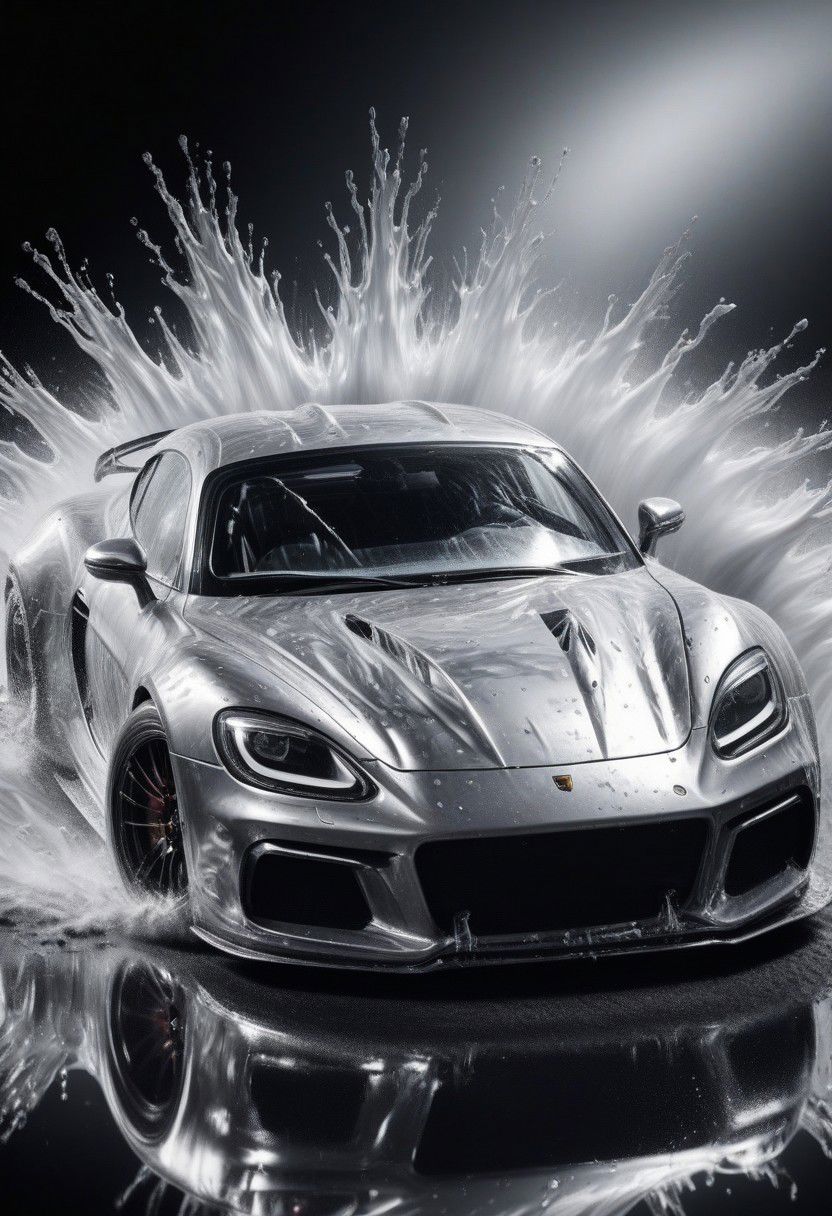 sports car, race car, racing through LIQUID METAL, liquid metal sprays up from the cars tyres