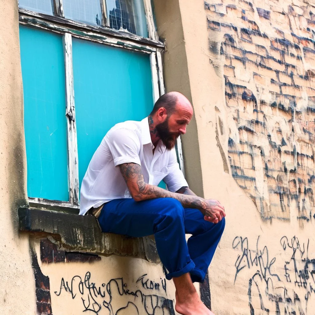 urban, tattooed man, detailed skin, two arms resting on knee, sitting on edge of stone windowsill, beam, under window, perched, handwriting graffiti, detailed, plaster, window frame, bokeh background, blue trousers, white short-sleeved shirt, both hands, highly-detailed face, stubble, individual hairs, sideburns, neck, brick wall, cyan, window hole with metal grid, photorealistic, barefoot, submerged, high quality
