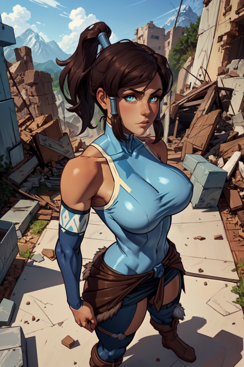 1girl, (solo:1.2), curvy, (masterpiece:1.2), (best quality:1.2), (perfect anatomy:1.4), (perfect female anatomy:1.2), (confident:1.2),
<lora:xxNikichenxx [MockAi - v1.0]:0.8> xxnikichenxx, pinup, shiny skin, (large breasts:1.2), <lora:Korra [Konan - v2.0]:0.8> korra, long hair, (brown hair:1.2), black hair, blue eyes, ponytail, dark skin, dark-skinned female, topknot, (hair tubes:1.4), fur-trimmed jacket around waist, (blue halterneck top:1.3), armlet, vambraces, (bare shoulders:1.3), (arm_warmers:1.3), sleeveless, (post fight scenery:1.3), rubble, outside, daylight