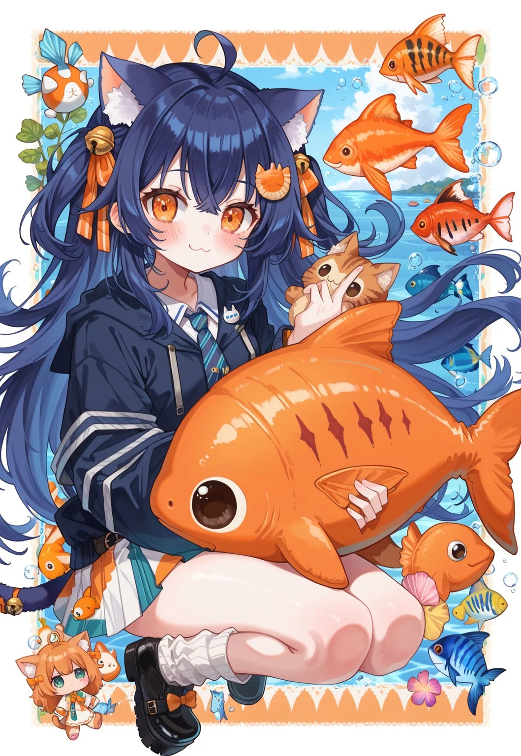 (cutecore, kawaiicore) 2000s (style), (virtual youtuber) 1girl, cat girl, cat ears, animal ear fluff, cat tail, long hair, bangs, hair between eyes, ahoge, dull grayish dark blue hair, big eyes, orange eyes, (jeweled eyes), petite, blush, full face blush, smile, :3, holding, holding oversized object, holding stuffed toy, (oversized orange stuffed fish), holding (oversized orange stuffed fish), (idol, idol-inspired fashion), dark navy blue (cropped hoodie), white detached long wide sleeves, oversized sleeves, sleeves over wrists, sleeves over fingers, (moesode), orange cat paw pad print brooch, black loose belt, aqua pleated skirt, white ruffles, frills, bows, orange bows, hair ornaments, hair ribbons, fish hair ornament, blue striped necktie, orange tail ribbon, (tail ornament), bell, tail bell, white baggy leg warmers, white and blue striped thighhighs, black platform ankle boots (simple scenery, simple background), pastel aqua and white striped fish print background, patterned background, fish print background, (surrounded by floating orange fish, iridescent bubbles)