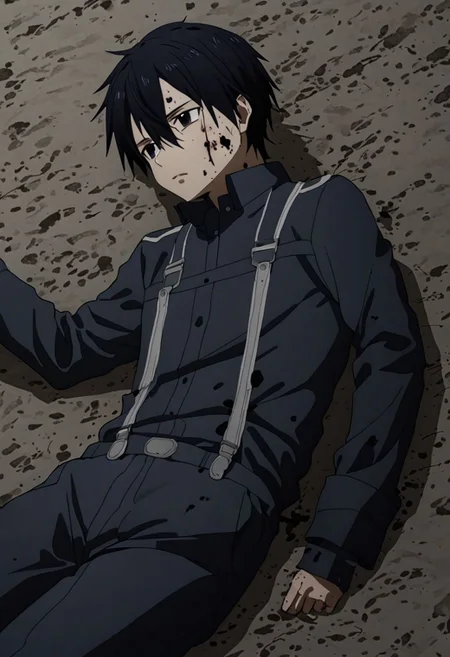 high resolution, professional photography, best quality, 1Boy, Kirigaya Kazuto, Black Hair, Black Eyes, overalldetail, lying down, conquered, hurt, dying, battered, blank stare, bruised