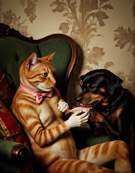 <lora:funnys:1>, This image is a hyper-realistic photograph capturing an enchanting and whimsical scene. It features two anthropomorphic animals seated on a vintage-style green armchair, rendered with meticulous attention to detail and lifelike textures. On the left sits a striped ginger cat with soft, velvety fur, its sleek coat showcasing intricate tabby patterns that ripple subtly under the light. Its large, round eyes reflect delicate highlights, making them appear almost alive, imbuing the cat with a sense of quiet intelligence. The cat wears a perfectly knotted pink bow tie, contrasting elegantly against its warm, earthy tones. Its expression is calm yet slightly aloof, as if lost in thought, while its lithe yet slightly chubby bodyâwith fine folds of skin visible around its neckârests comfortably with paws crossed in its lap., 
To the right, a black and brown dog with glossy, intricately detailed fur gazes intently at a small, shimmering pink fish held delicately in its paws. The dog's expressive eyes are filled with concern and curiosity, each strand of fur meticulously defined, creating a sense of tactile realism. The fish gleams under soft lighting, its scales catching the light with a pearlescent sheen, adding a touch of magic to the composition., 
The background showcases an old floral-patterned wallpaper, its intricate design rendered with stunning clarity. Subtle shades of beige and light brown blend seamlessly, while the delicate floral motifs feature muted colors that evoke nostalgia. The dark green armchair, upholstered in a fabric with a slightly worn texture, anchors the scene with its rich, tactile surface. A red and gold patterned cushion on the left side adds a pop of color and depth, its embroidered details crisp and vivid., 
The interplay of light and shadow enhances the three-dimensional quality of the photograph, lending it an immersive atmosphere. Every elementâfrom the lifelike textures of the animals' fur to the aged patina of the armchairâcreates a seamless blend of classic charm and modern precision. The result is a humorous yet heartwarming moment frozen in time, inviting viewers into a world where reality meets imagination. The ginger cat's striking striped pattern adds a playful and dynamic contrast to the serene setting, further enhancing the visual narrative.
