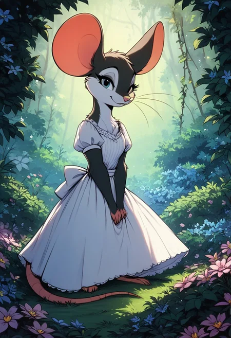 score_9, score_8_up, score_8, solo, (fluffy:0.8), (feral), furry, (((mouse))), female, (fluffy cheeks:0.7), (simple dress), (solo:2), j_cartoon, nature, flowers, bushes, look at viewer, (smile:0.5)