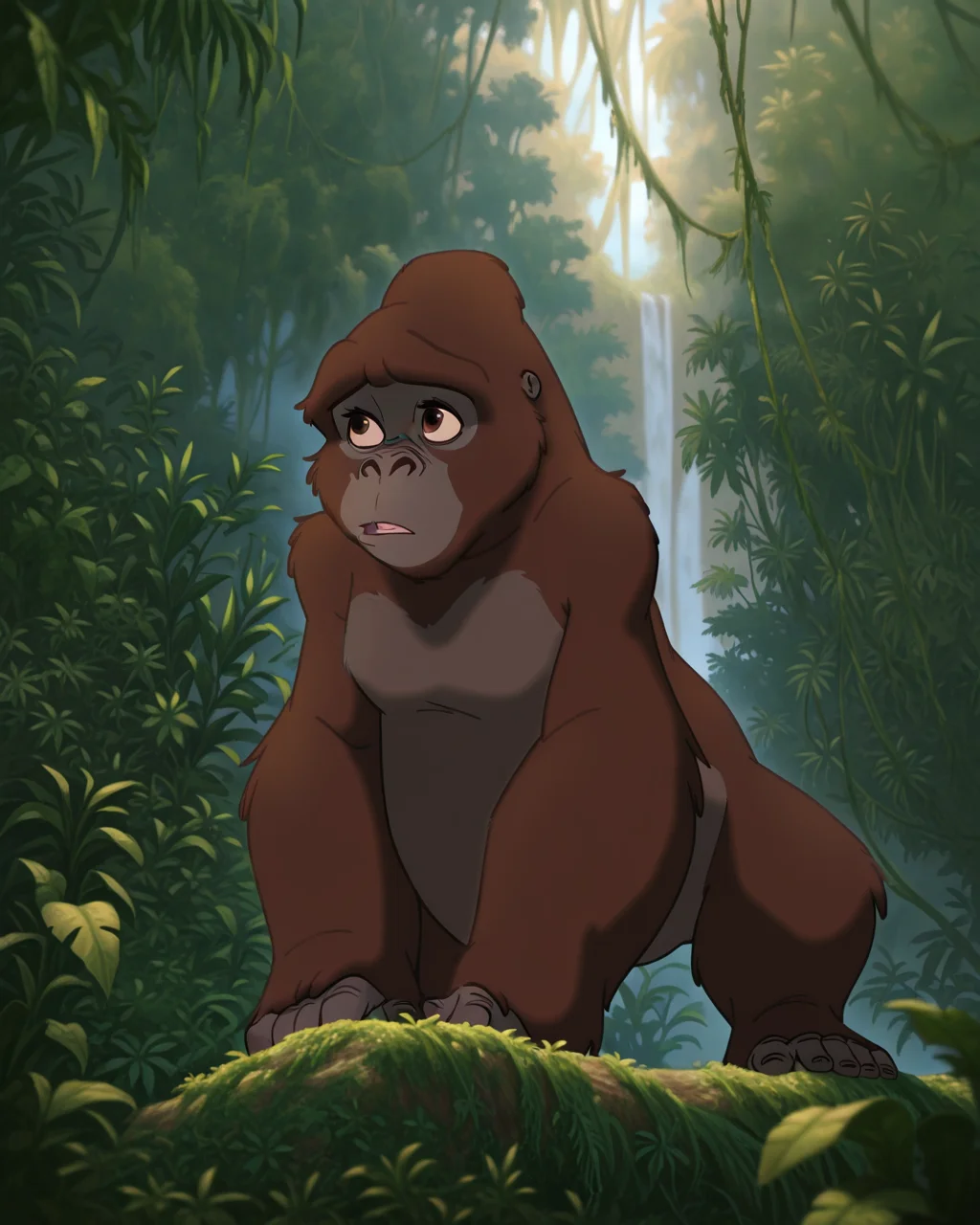 masterpiece, best quality, amazing quality, absurdres, DisneyRenstyle, Kala, gorilla, brown fur, DTarz, no humans, parody, nature, outdoors<lora:Disney_Renaissance_IllustriousV1:1>