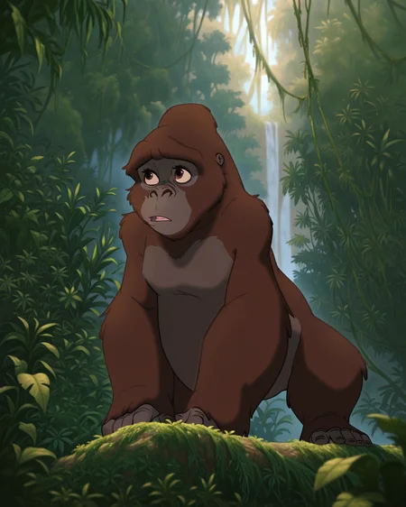 masterpiece, best quality, amazing quality, absurdres, DisneyRenstyle, Kala, gorilla, brown fur, DTarz, no humans, parody, nature, outdoors<lora:Disney_Renaissance_IllustriousV1:1>