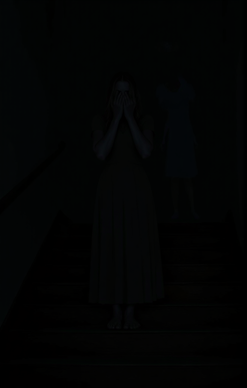 A woman in a long flowing dress stands at the top of a dimly lit wooden staircase her hands covering her face possibly in distress or deep thought and a ghostly faint figure is standing behind her. The stairway seems to lead to an upper floor or balcony and the overall ambiance of the image is somber and mysterious.<lora:- Flux1 De-Distilled - temp_haunting_cre_1.0-step00002400:.8>