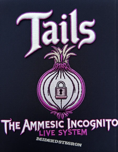 <lora:TextimproverV0.4:1> aidmatextimprover, <lora:metal-logo:1> "Tails" in large text at the top. The text "The Amnesic Incognito Live System" is printed at the bottom. Featuring a purple and white logo of a Mixture of onion, Lock and USB stick <lora:Embroidery_Patch_FLUX:1> patch, embroidery