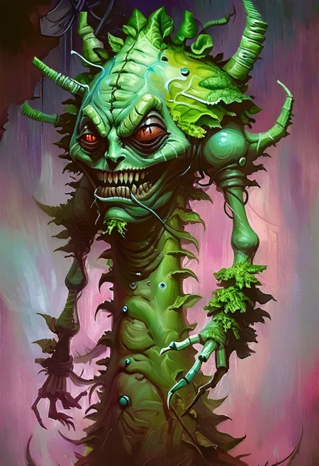 w4rh4mm3r style oil painting, grimdark, cybernetic , 
tall creepy lettuce man monster, lascivious smile
