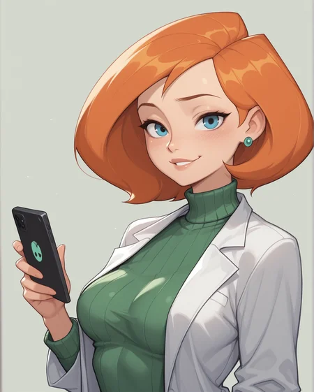 masterpiece, best quality, 1girl, solo, kim_possible_style, Ann_Possible, orange hair, shorty hair, blue eyes, blush, looking at viewer, smile, earrings, medium breasts, sweater, lab coat, holding phone, upper body, <lora:Kim_Possible_Pony_style:1>,