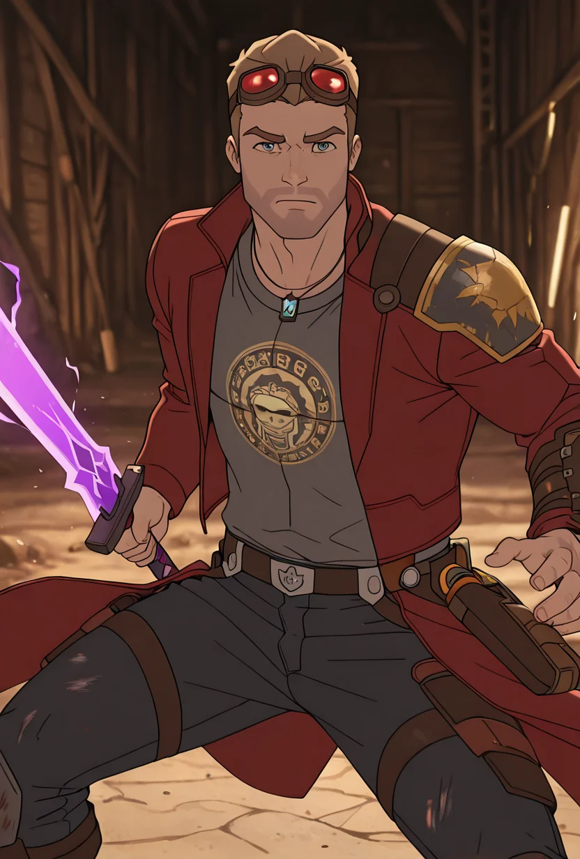 <lora:starlord-10:1> starlord, 1boy, dirty blonde hair, red jacket, gray shirt, short hair, open jacket, looking at viewer, goggles on head, head goggles, , ((long red coat,)), torn clothes, , black jeans, holding purple sword, (( shoulder plate,)), loose belt, black necklace, samurai aesthetic, shirt print, dynamic pose, masterpiece, best quality, amazing quality, very aesthetic, absurdres, newest,
