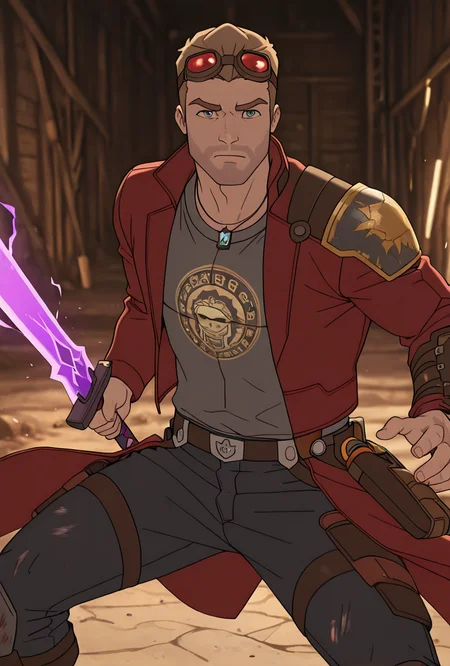 <lora:starlord-10:1> starlord, 1boy, dirty blonde hair, red jacket, gray shirt, short hair, open jacket, looking at viewer, goggles on head, head goggles, , ((long red coat,)), torn clothes, , black jeans, holding purple sword, (( shoulder plate,)), loose belt, black necklace, samurai aesthetic, shirt print, dynamic pose, masterpiece, best quality, amazing quality, very aesthetic, absurdres, newest,