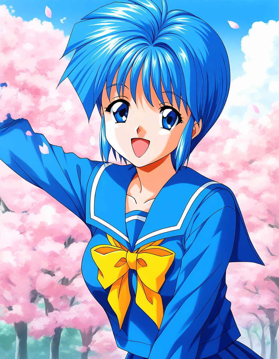 score_9, score_8_up, score_7_up, source_anime, rating_explicit, BREAK  <lora:Nijino_Saki_XL:1> NijinoSaki, blue hair, blue eyes, short hair, bangs, medium breasts, 1990s \(style\),
1girl, solo, school uniform,  heart,  serafuku, open mouth, looking at viewer, long sleeves, skirt, bow, blue skirt, sailor collar, yellow bow, smile, blue sailor collar, pleated skirt, shirt, blue shirt,
outdoor, day, sky,