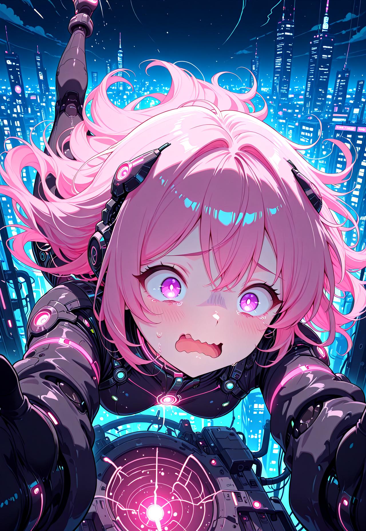 masterpiece, ultra detailed, ultra-detailed, 32K, very aesthetic, 2d, bodysuit, 1 female, solo, civchan, pink hair, purple eyes, neon glow, glowing lines, hi-tech, sci-fi, detailed background, night city, motion effect, dynamic pose, falling, panic, wavy mouth, open mouth, hands reaching out, in the style of cknc, zzcitronlegacy