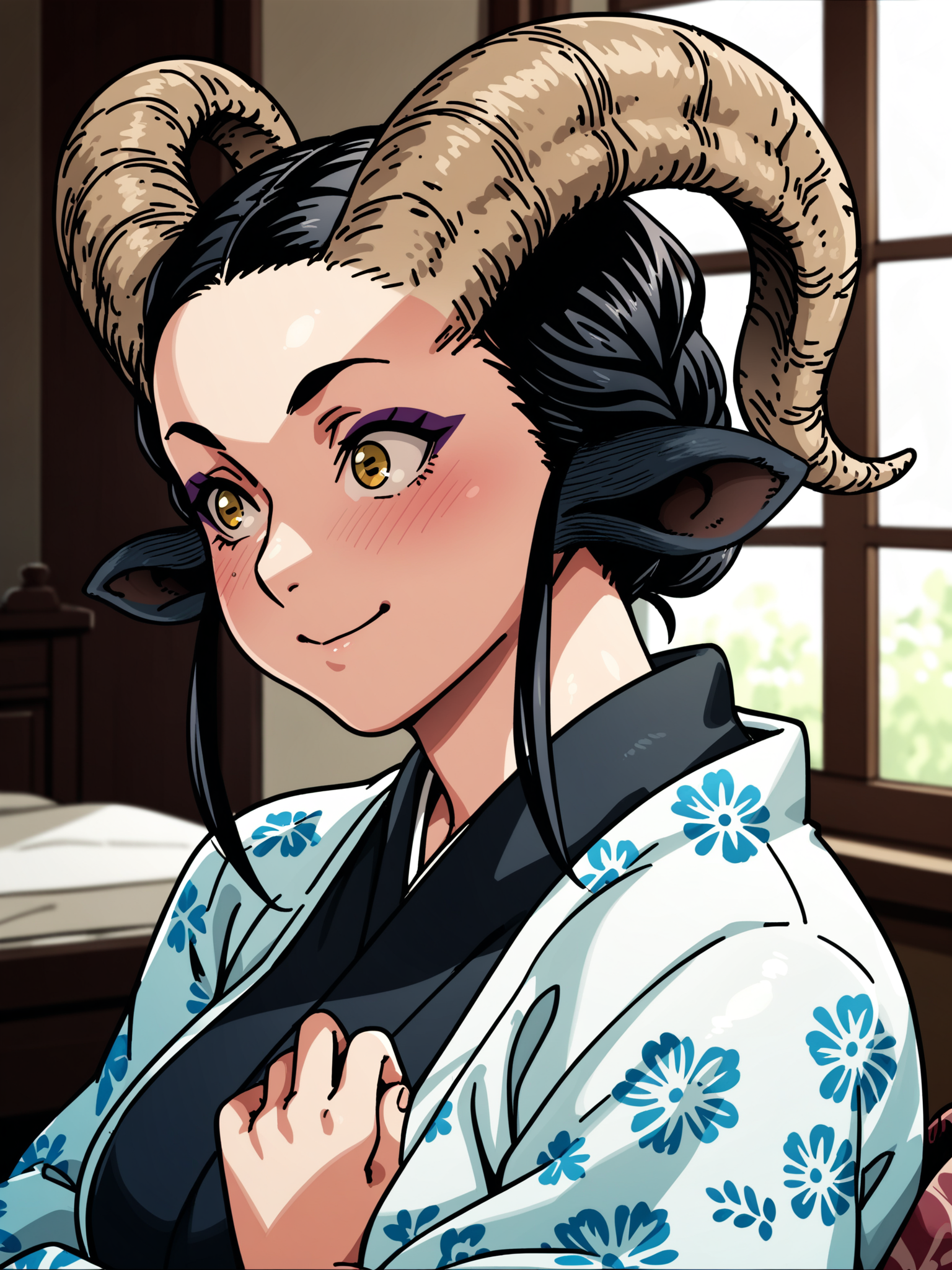 <lora:happy_tentacle-maya-v0.6-000026:0.9>, ht_maya, satyr, goat girl, goat horns, goat tail, hooves, horizontal pupils, yellow eyes, eyeshadow, kimono, indoors , 1girl, solo, upper body , , ( smile :1.2), , looking down , standing , facing viewer , score_9, score_8_up, score_7_up, score_6_up, score_5_up, score_4_up