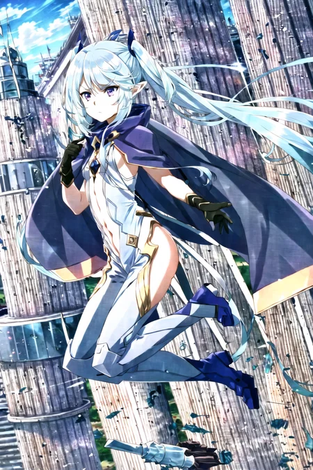 solo, 1girl, elf, very long hair, light blue hair, twintails, bangs, purple eyes, pointy ears, small breasts, (aqua bodysuit), blue cape, (aqua boots), (aqua gloves), (serious, frown, v-shaped eyebrows), looking away, (flying, floating) (city, buildings, blue sky, sunlight, outdoors), full body, <lora:negative-e12-15:-1.5>