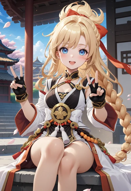 masterpiece, best quality, very aesthetic, absurdres, rom_sarah_xl,
1girl, blonde hair, braid, hair bow, blue eyes, smile, open mouth, fingerless gloves, 
sitting, crossed legs, v, peace sign, east asian architecture, 
outdoors, cherry blossoms, (wind, falling petals, light particles:1.4), light rays, tyndall effect, vivid colors, tranquil and magical atmosphere,
shiny skin, beautiful face, beautiful eyes, extreme detailed, official art, professional illustration, hires,
<lora:rom_sarah_xl:1>, <lora:aesthetic_anime_v1s:0.5>, <lora:add_details_xl:0.5>