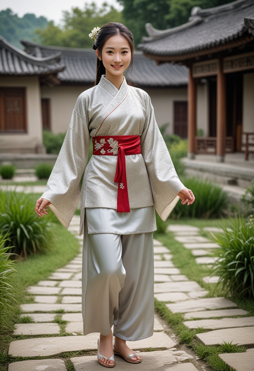 (medium full shot) of (divine Chinese young woman from the Zhou Dynasty), wearing a silver brocade tunic, satin pants , simple flats with elegant patterns, embroidered sash, hair adorned with flowers, set in the ancient china, in  a serene village, with thatched roofs, stone pathways, lush rice paddies, gentle rivers, woman smiling, Masterpiece,best quality, photo, realistic, very aesthetic, detailed face,