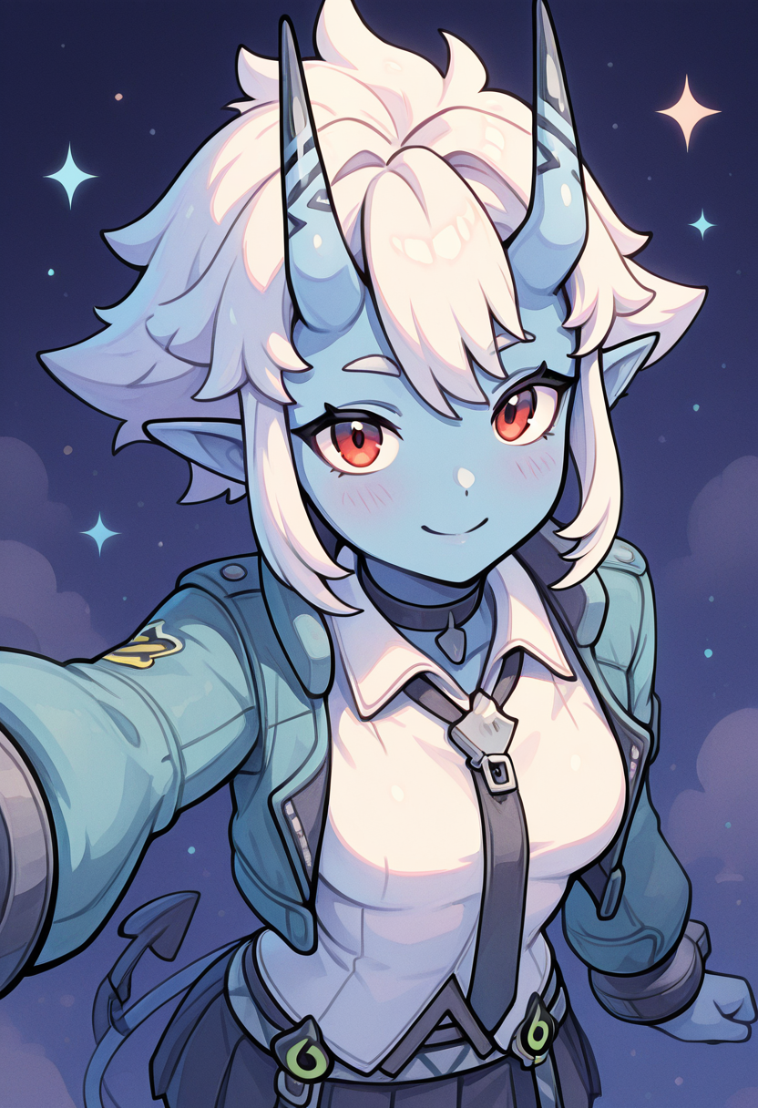 masterpiece, best quality, solo, curvy, beautiful eyes, narrow waist, wide hips, 1girl, solo, smile, looking at viewer, foreshortening, close up,     zzSoukaku, red eyes, blue skin, white hair, short hair, horns, oni, pointy ears,  black choker, jacket, white collared shirt, black tie, black skirt,  ,<lora:SoukakuZenless_IXL_v2:1.0>,   , solo, looking at viewer, smile, k4w4iim1r41, cute outfit, pastel, <lora:KawaiiMirai_IXL:1.0>,