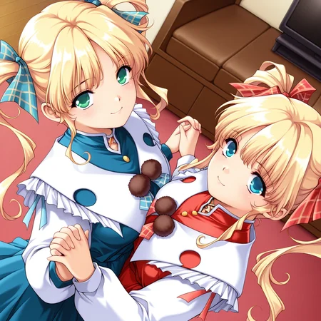 ootori akane,blonde hair,red hair ribbon,blue eyes,twintails,red dress,long sleeves,pom-pom,bow,red skirt BREAK
ootori naomi,blonde hair,blue hair ribbon,green eyes,twintails,blue dress,long sleeves,blue skirt,pom-pom,bow BREAK
<lora:IL_ootori_sisters:1>,z_siki,looking at viewer,living room,upper body,dutch angle,looking up,upturned eyes,looking at viewer,symmetrical docking,smile,interlocked fingers,holding hands,, masterpiece,best quality,amazing quality,uncensored