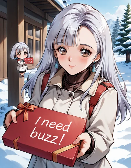 masterpiece,best quality,amazing quality,ultra detailed,very aesthetic,absurdres,<lora:selma_IL_V1:1>,selma,silver hair,long hair,blunt bangs,brown eyes,PDSA,snow,winter_coat,buzz,smile,<lora:NeedBuzz_sign_Illustrious:0.7>,need_buzz,(valentine's gift says buzz!:1.4),(chibi holding sign:1.2),heart,reaching,looking_at_viewer,valentine's gift says need_buzz,