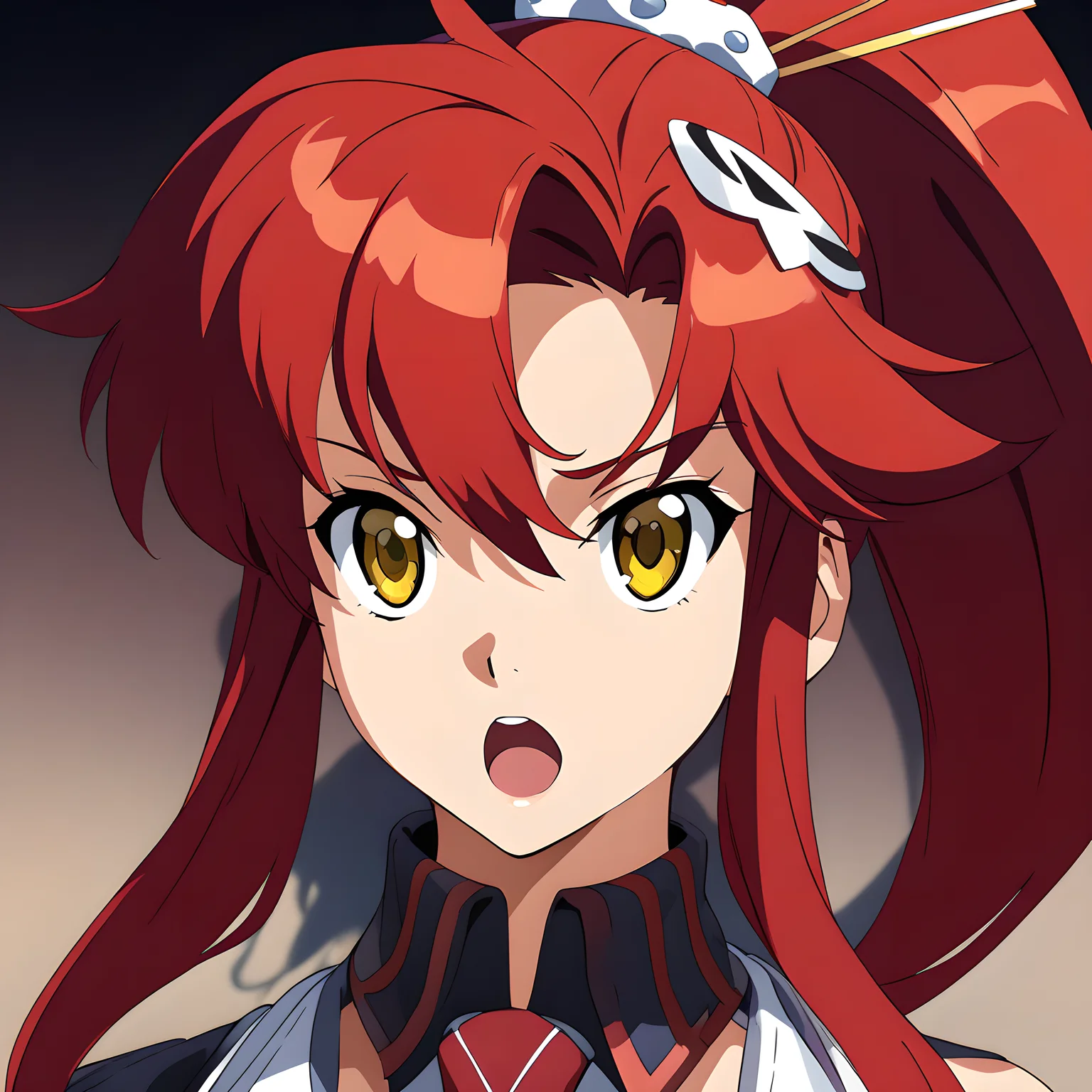 (masterpiece),(best quality),(ultra-detailed),(best illustration),(best shadow),(absurdres),(detailed background),(very aesthetic), yoko littner, 1girl, solo, red hair, parody, gloves, yellow eyes, long hair, style parody, open mouth, hair ornament, ponytail, necktie, portrait, very  close-up<lora:Yoko_Littner:1>