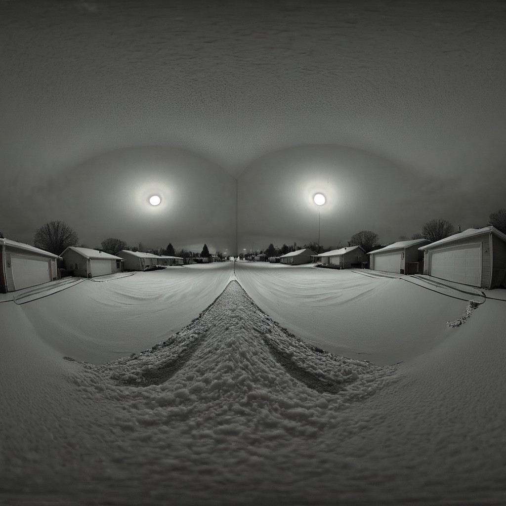 liminal, suburban liminal, suburban, an empty suburban environment, vanishing point, depth of field, fisheye lens, snow, neighborhood, indoors, looking out window, garage, symmetrical, abstract, split image, creepy, greyscale, night, day, sunrise, sunset, beautiful, masterpiece, offset