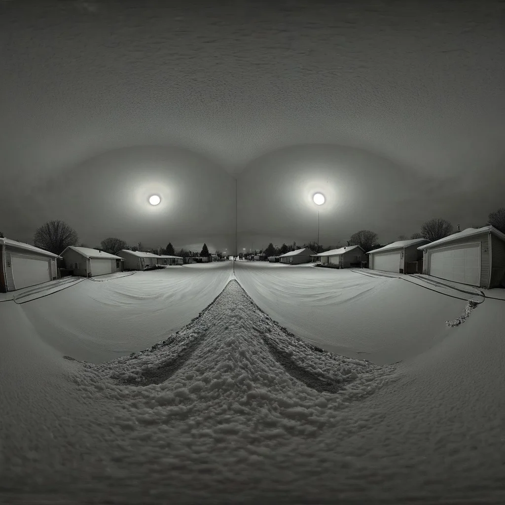 liminal, suburban liminal, suburban, an empty suburban environment, vanishing point, depth of field, fisheye lens, snow, neighborhood, indoors, looking out window, garage, symmetrical, abstract, split image, creepy, greyscale, night, day, sunrise, sunset, beautiful, masterpiece, offset