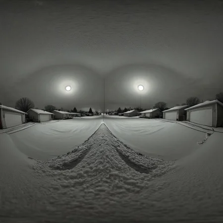 liminal, suburban liminal, suburban, an empty suburban environment, vanishing point, depth of field, fisheye lens, snow, neighborhood, indoors, looking out window, garage, symmetrical, abstract, split image, creepy, greyscale, night, day, sunrise, sunset, beautiful, masterpiece, offset