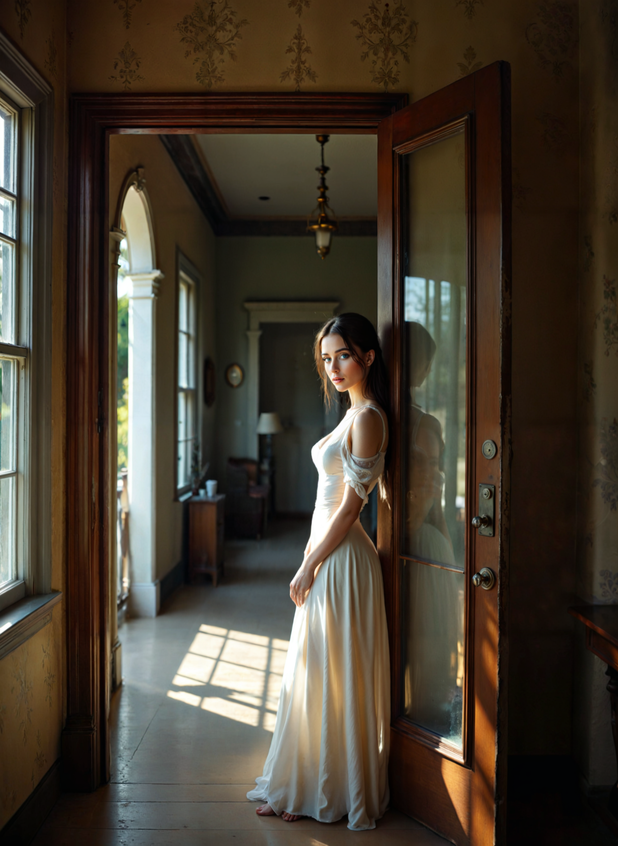 cinematic film still a young woman standing in an open doorway of a room. She is wearing a long white dress with a high neckline and long sleeves. Her hair is styled in loose waves, and she is looking off to the side with a serious expression on her face. The room has a high ceiling with a chandelier hanging from it and large windows on the left side of the image. The walls are painted in a light color and the floor is made of wood. The overall atmosphere of the room is elegant and romantic. <lora:add-detail-xl:.5>  <lora:Flux-style-xl-lora:.5>