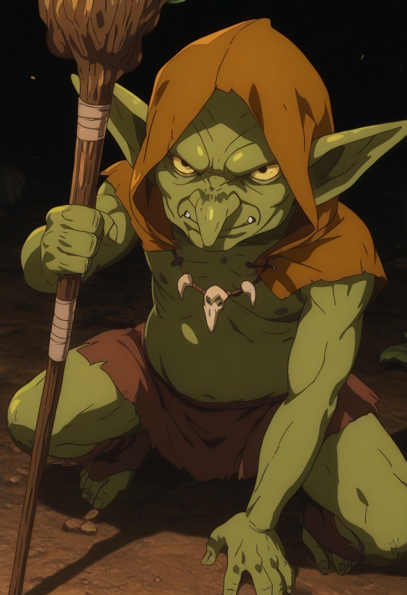 score_9, score_8_up, score_7_up, source_anime, anime screencap, Solo, anime, (Background: fantasy), Fantasy, solo, 1man, HD, Perfect-Details, perfect details, official art, HD, professional, anime, Goblin, Ugly, Ragged, savage, full body, tribal, goblin shaman, (elderly, skinny, frail, bony, wrinkly), voodoo, gaunt, green skin, tattered hood, bone necklace, shaman staff, Dark, Edgy, dramatic, epic, evil, ominous