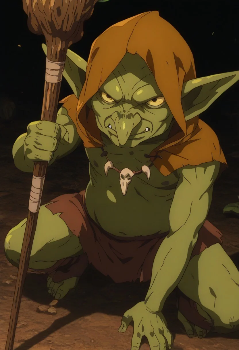 score_9, score_8_up, score_7_up, source_anime, anime screencap, Solo, anime, (Background: fantasy), Fantasy, solo, 1man, HD, Perfect-Details, perfect details, official art, HD, professional, anime, Goblin, Ugly, Ragged, savage, full body, tribal, goblin shaman, (elderly, skinny, frail, bony, wrinkly), voodoo, gaunt, green skin, tattered hood, bone necklace, shaman staff, Dark, Edgy, dramatic, epic, evil, ominous