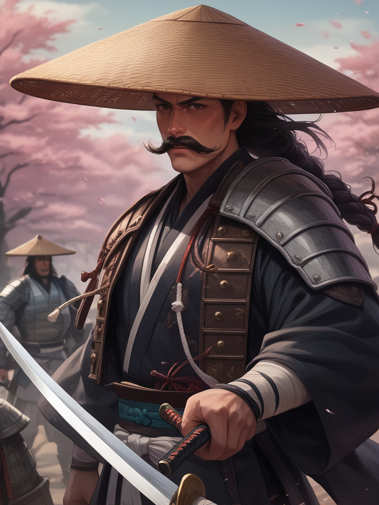score_9, score_8_up, score_7_up, strawhat, conical hat, 1boy, a heavily armored samurai with shoulder armor and a straw hat, holding a giant katana sword in both hands, ready to fight, asian, long hair, low braid, thin mustache, (monolid:1.3) <lora:Straw_Hat-000006:1>