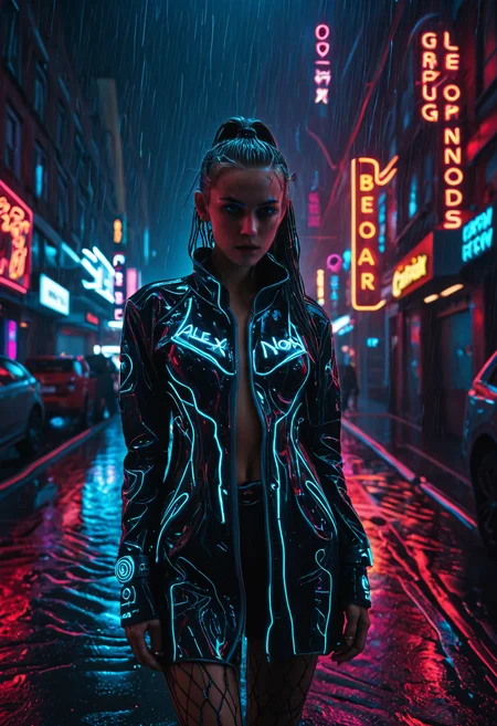 Neon noir <lora:Alex Grey OC-000005:1>,Alex Grey,1girl, . Cyberpunk, dark, rainy streets, neon signs, high contrast, low light, vibrant, highly detailed