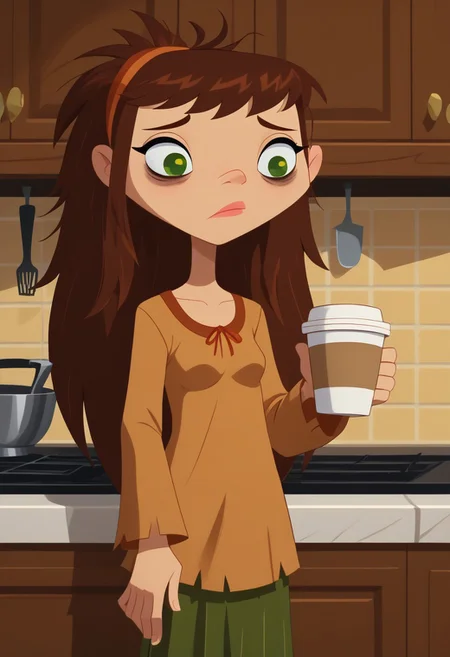 score_9, score_8_up, score_7_up, 1girl, solo,
 brown hair, green eyes, hair down, long hair, 
 perfect hands, show accurate, perfect anatomy, med body,
indoors, small perky breasts, kitchen, hand on hip, loose clothing, wear only nightgown, holding a cup of coffee in hand, sleepy eyes, bags under eyes, loose clothes,