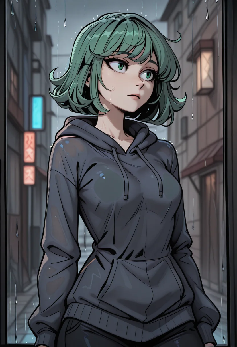 , tatsumaki, green hair, short hair, green eyes, hoodie, leggings, casual outfit, relaxed, 1girl, half body, looking out window, rain, raindrops on glass, soft lighting, moody atmosphere, urban background, overcast sky
, high_contrast, vibrant, high_contrast, vibrant, very awa, masterpiece,best quality,newest, absurdres, detailed background, detailed hair, depth of field, detailed skin,very aesthetic, ultra-detailed, OverallDetailXL, aged up, BREAK,