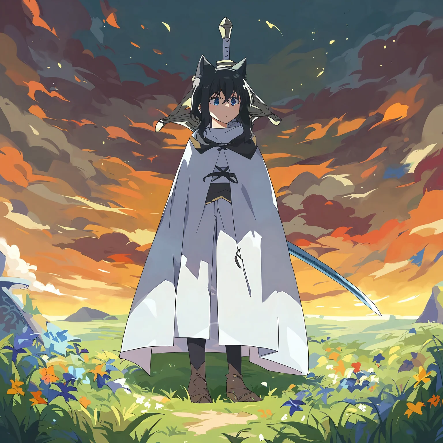 score_9, score_8_up, score_7_up, source_anime, (best quality, masterpiece:1.3), 1girl, fran, Tensei Shitara Slime Datta Ken, <lora:fran-tensura-ponyXL-v0.5-000008:0.85>, cowboy shot, armour, travelling cloak, sword on back, outside, grasslands, grass, clear sky