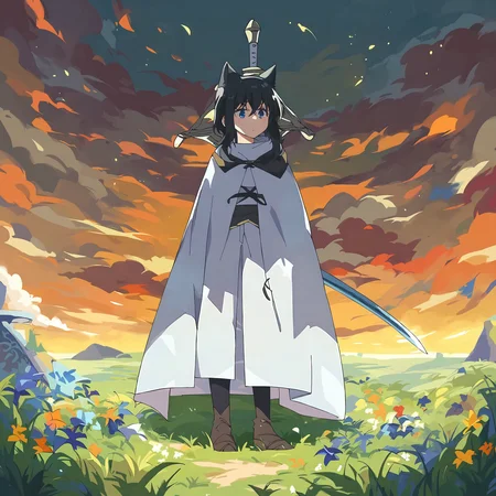 score_9, score_8_up, score_7_up, source_anime, (best quality, masterpiece:1.3), 1girl, fran, Tensei Shitara Slime Datta Ken, <lora:fran-tensura-ponyXL-v0.5-000008:0.85>, cowboy shot, armour, travelling cloak, sword on back, outside, grasslands, grass, clear sky