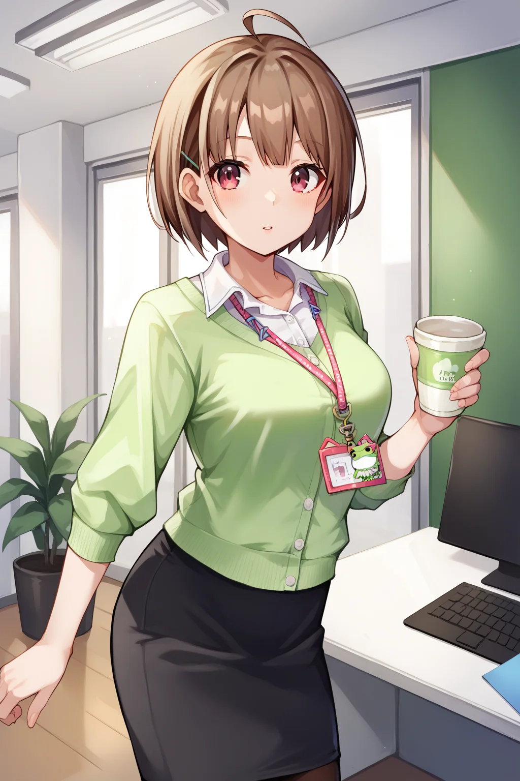 score_9, score_8_up, score_7_up, source_anime, nodokahaurusaki, <lora:harusaki_nodoka_XL:0.9>, 1girl, solo, brown hair, short hair, ahoge, hairclip, red eyes, medium breasts, office lady, cardigan, green cardigan, white shirt, collared shirt, long sleeves, black skirt, pencil skirt, black pantyhose, lanyard, id card, indoors, office, looking at viewer, parted lips, desk, disposable cup, holding cup, cowboy shot