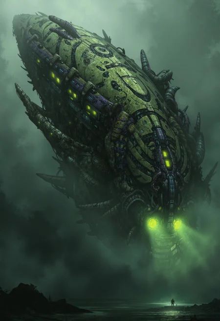 A digital painting in the style of ck-js, depicting a colossal, grotesque alien invader mothership with a biomechanical structure resembling fused chitin and corrupted flesh, drifting silently above a murky, methane-rich gas giant. Its surface is a disturbing texture of jagged, overlapping plates in dark, oily greens and deep purples, with pulsating sickly yellow-green bio-luminescent lights emanating from vents and orifices. Unsettlingly organic weapon systems seem grown into the hull. Focus on the immense scale of the lone, nightmarish vessel, its truly alien biology, and its deeply menacing presence.